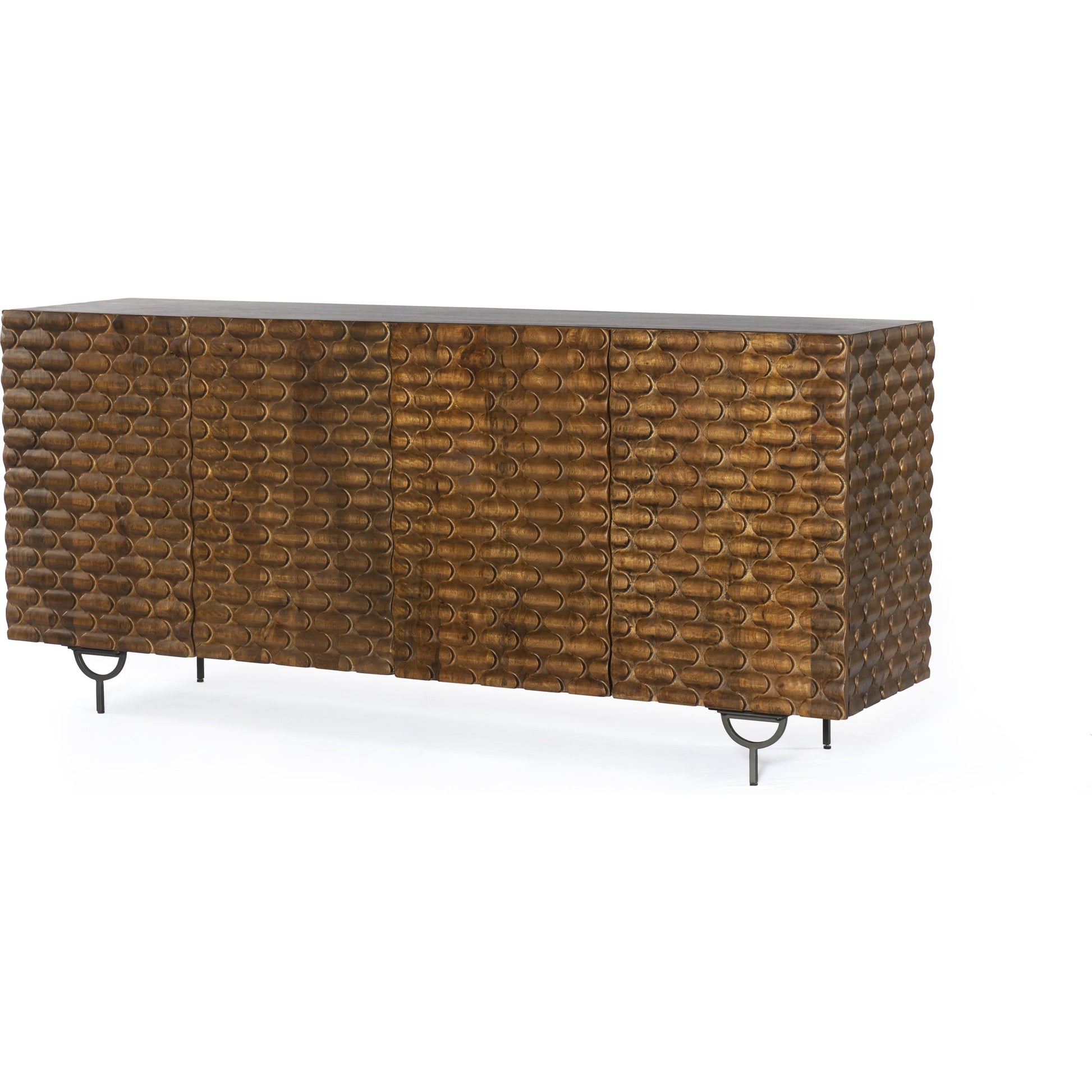 Rio Sideboard by Four Hands in round cut white wash, antique brass, white wash mango. Made from solid mango, iron in a eclectic & global style.