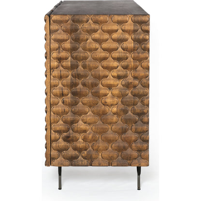 Rio Sideboard by Four Hands in round cut white wash, antique brass, white wash mango. Made from solid mango, iron in a eclectic & global style.