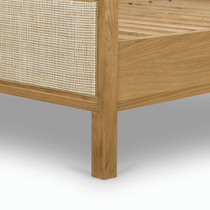 Allegra Bed by Four Hands in honey oak. Made from cane, solid oak, oak veneer in a rustic style.