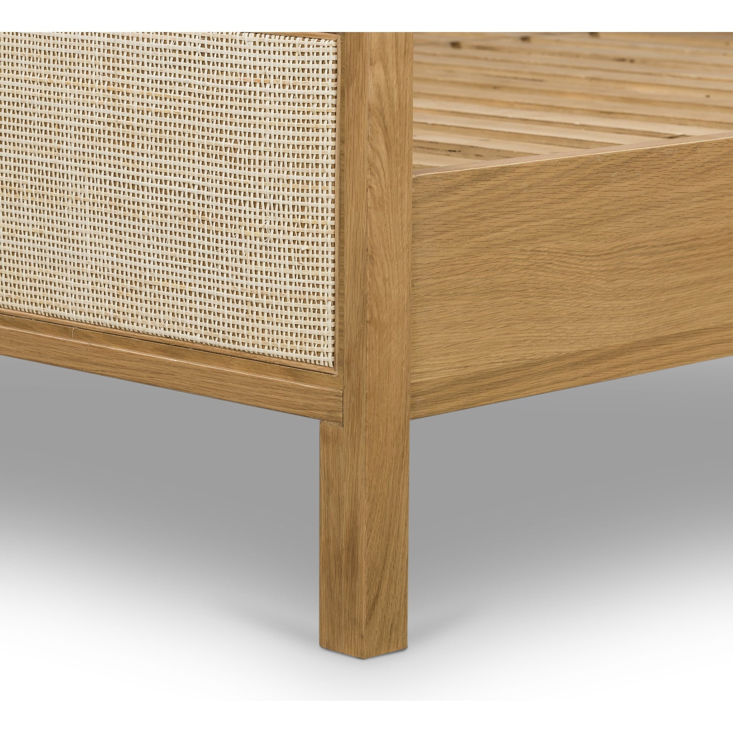 013 SI-1714148 | Closeup | Allegra Bed by Four Hands in honey oak. Made from cane, solid oak, oak veneer in a rustic style.