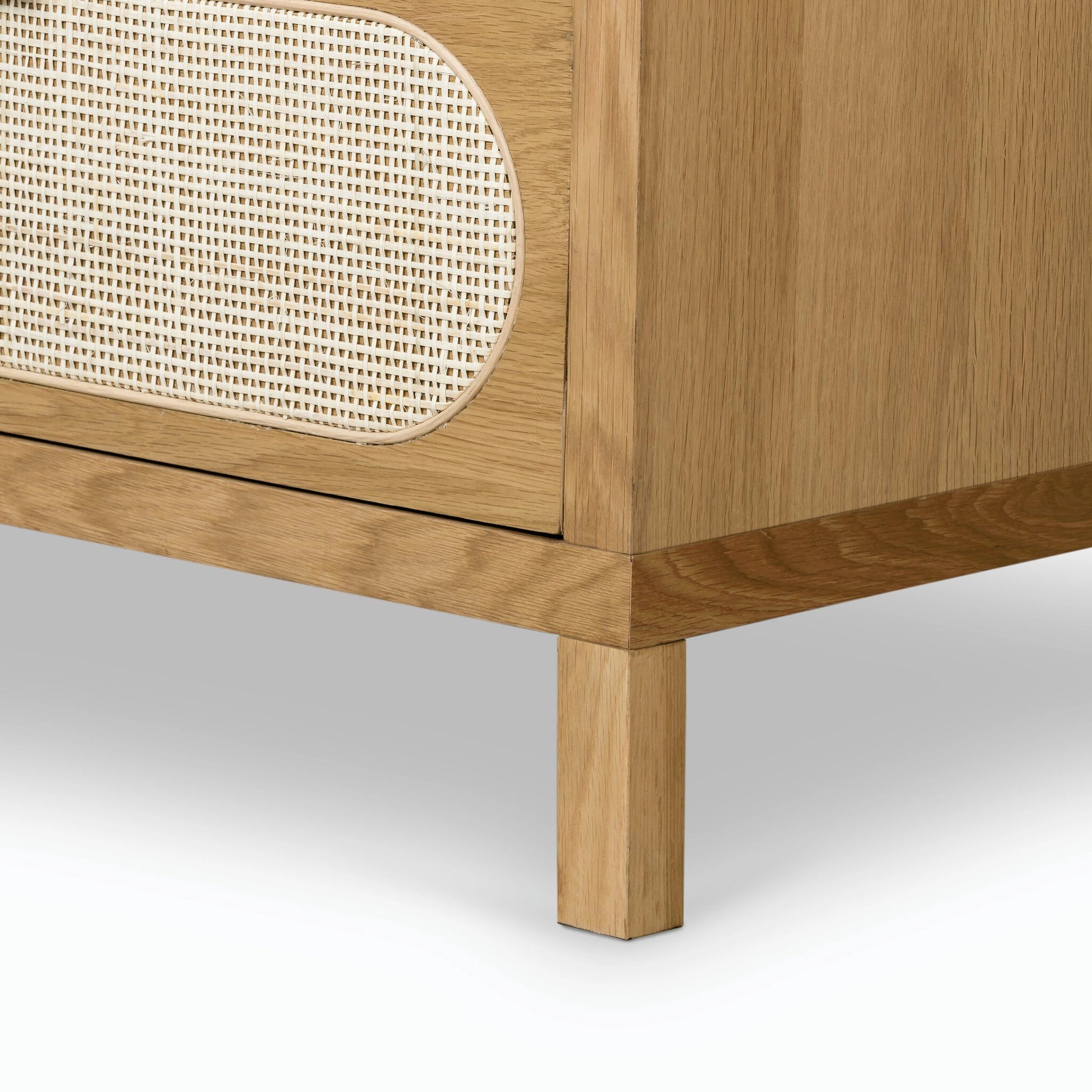 Allegra 8 Drawer Dresser by Four Hands in light natural cane, honey oak veneer. Made from cane, oak veneer in a rustic style.