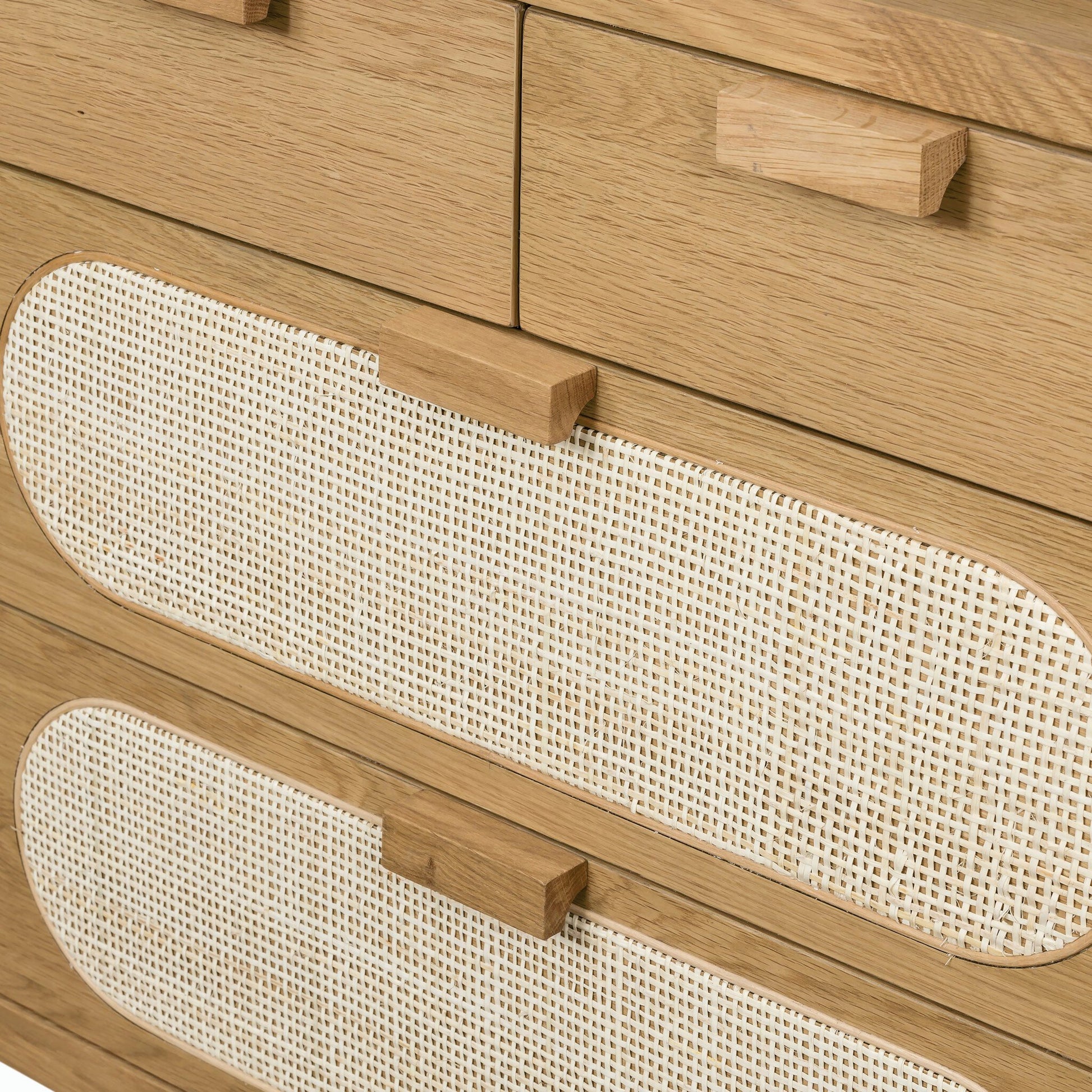 Allegra 8 Drawer Dresser by Four Hands in light natural cane, honey oak veneer. Made from cane, oak veneer in a rustic style.