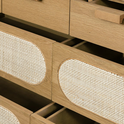 Allegra 8 Drawer Dresser by Four Hands in light natural cane, honey oak veneer. Made from cane, oak veneer in a rustic style.