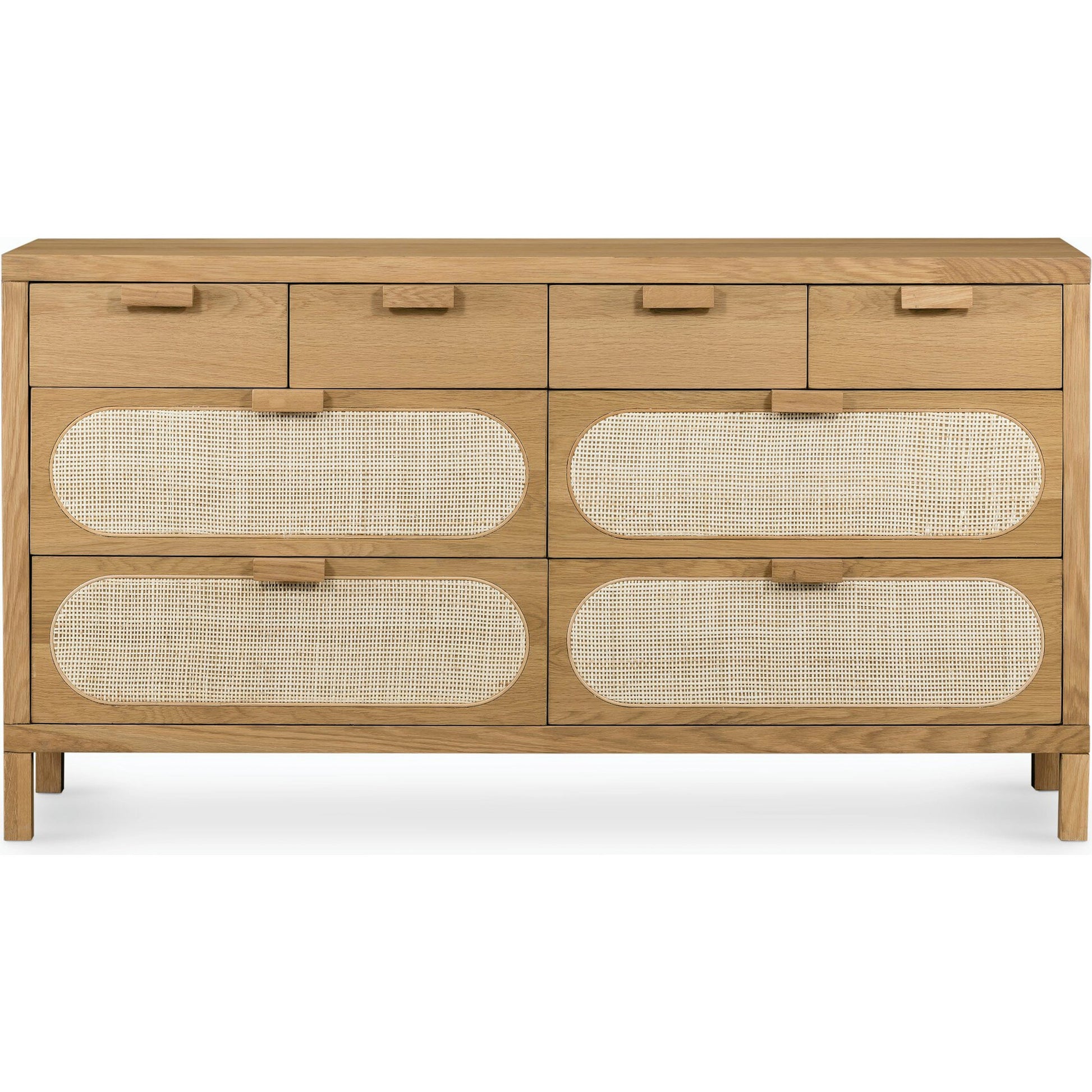 Allegra 8 Drawer Dresser by Four Hands in light natural cane, honey oak veneer. Made from cane, oak veneer in a rustic style.