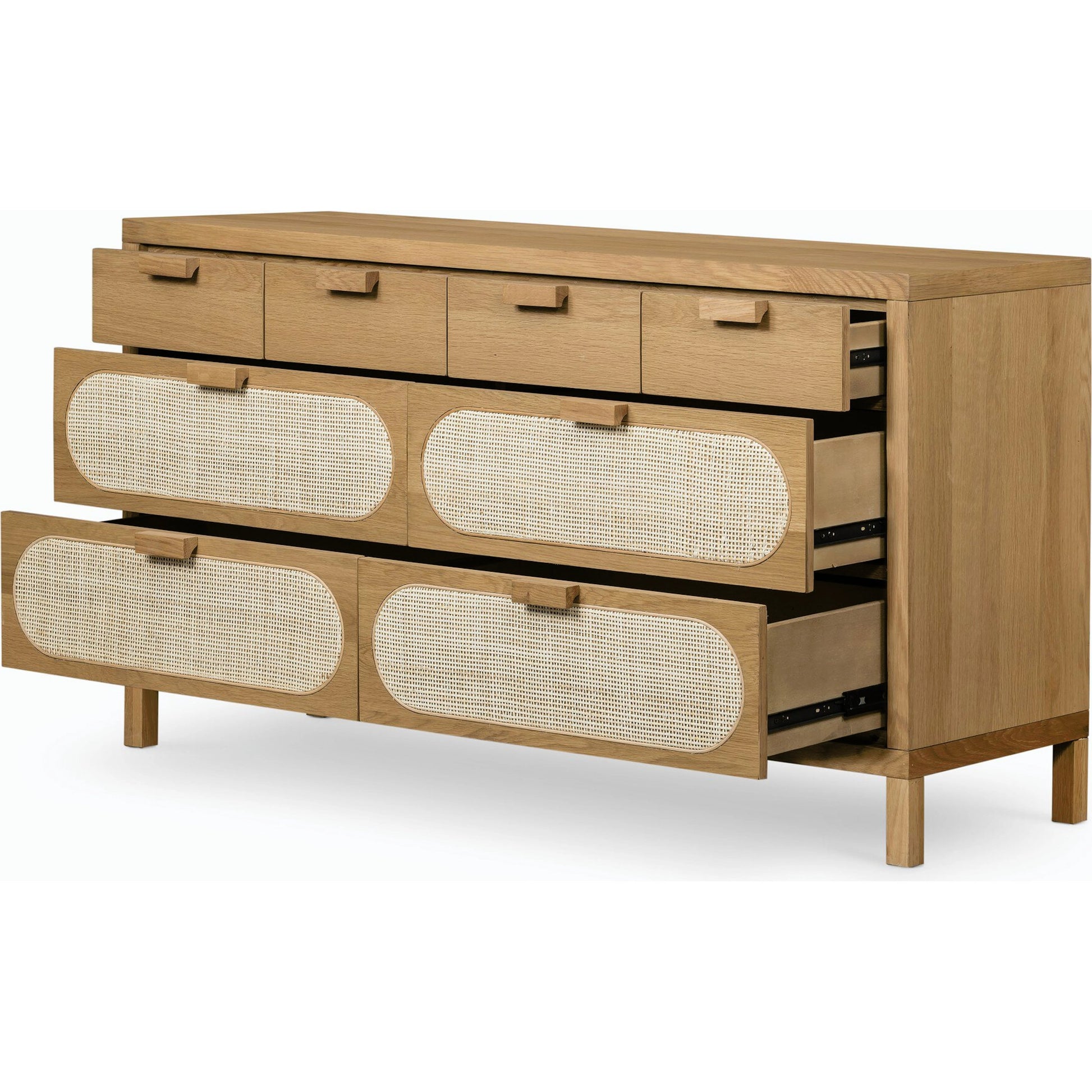 Allegra 8 Drawer Dresser by Four Hands in light natural cane, honey oak veneer. Made from cane, oak veneer in a rustic style.