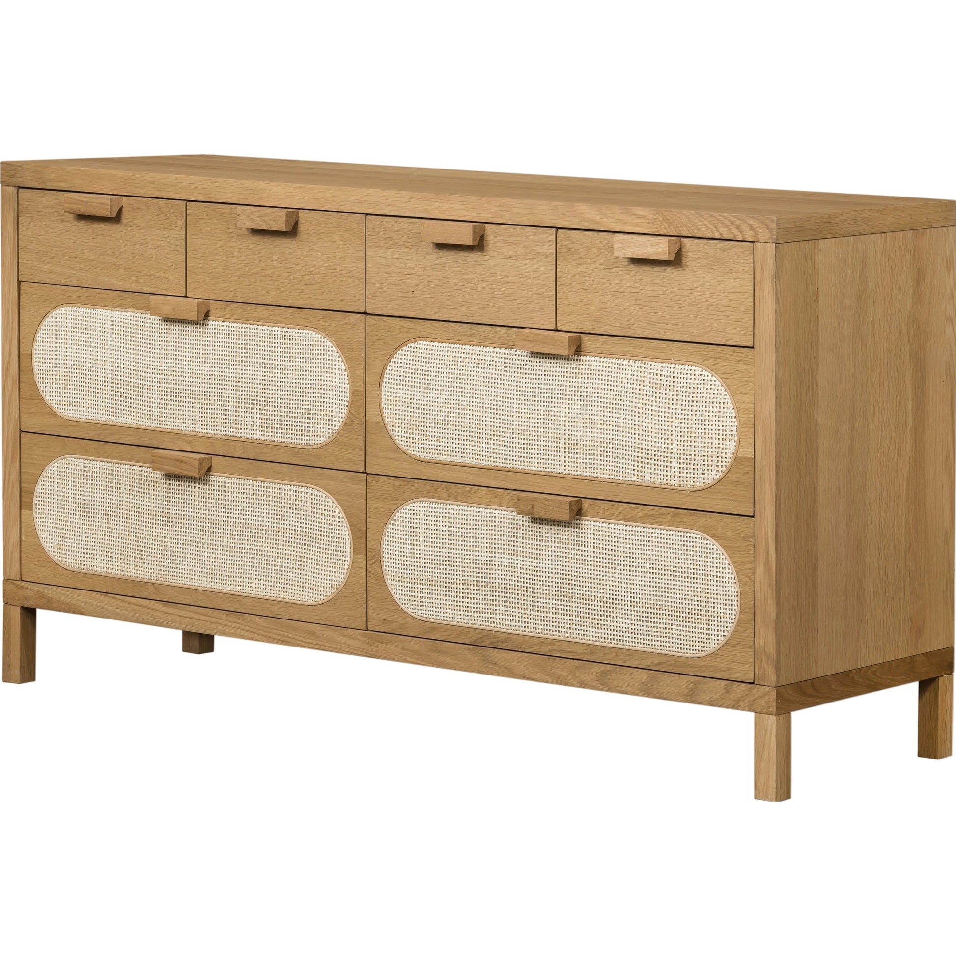 Allegra 8 Drawer Dresser by Four Hands in light natural cane, honey oak veneer. Made from cane, oak veneer in a rustic style.
