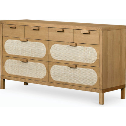 Allegra 8 Drawer Dresser by Four Hands in light natural cane, honey oak veneer. Made from cane, oak veneer in a rustic style.