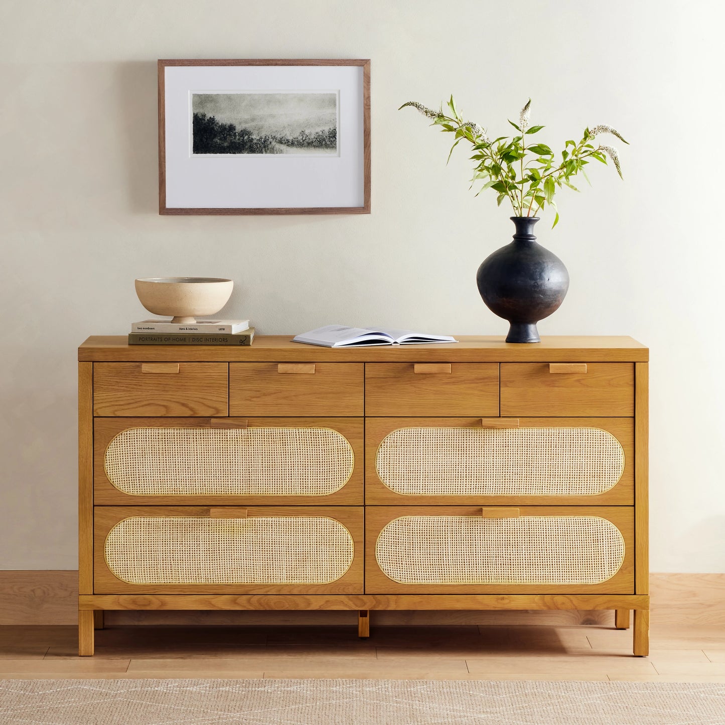 013 SI-1714146 | Lifestyle | Allegra 8 Drawer Dresser by Four Hands in light natural cane, honey oak veneer. Made from cane, oak veneer in a rustic style.