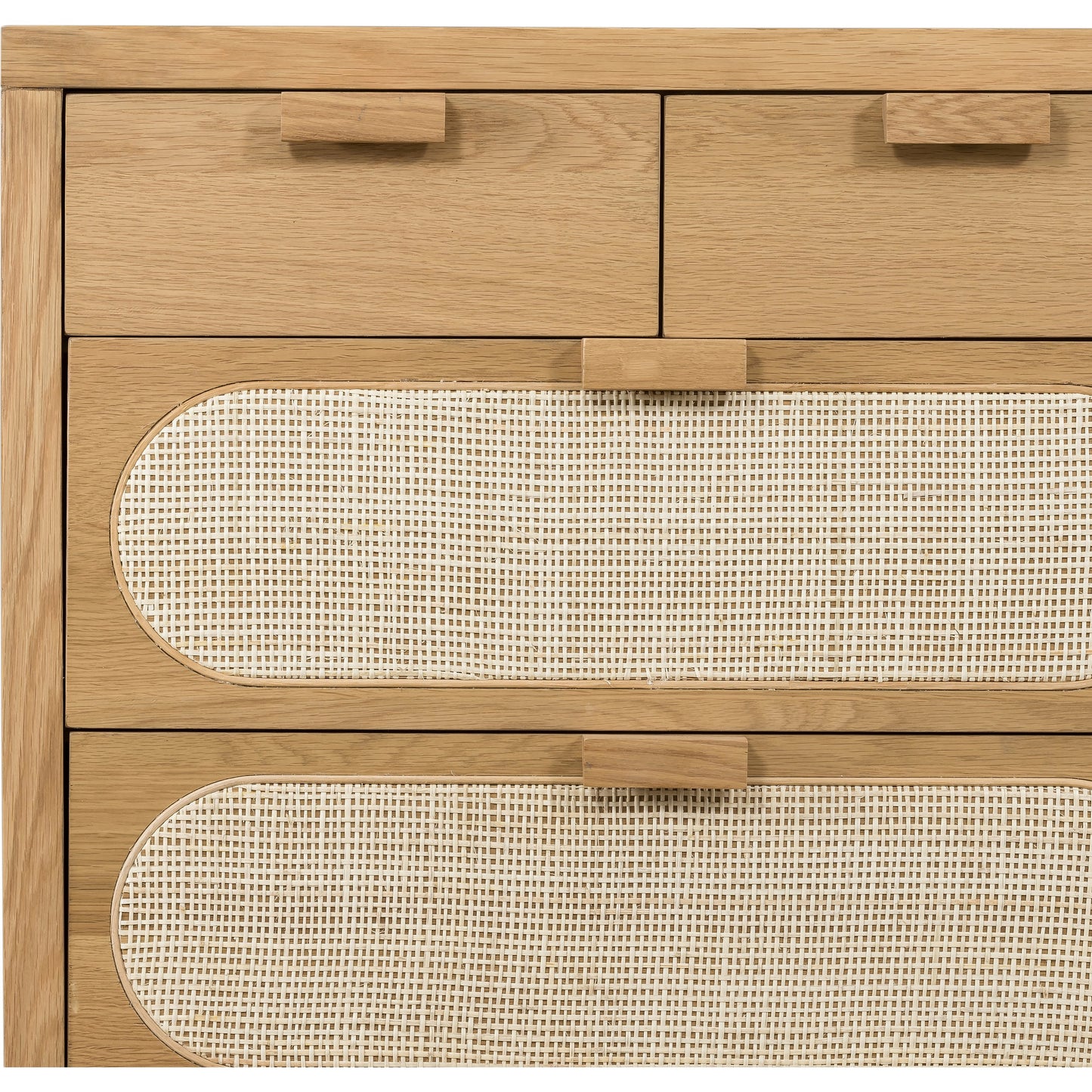 006 SI-1714146 | Closeup | Allegra 8 Drawer Dresser by Four Hands in light natural cane, honey oak veneer. Made from cane, oak veneer in a rustic style.
