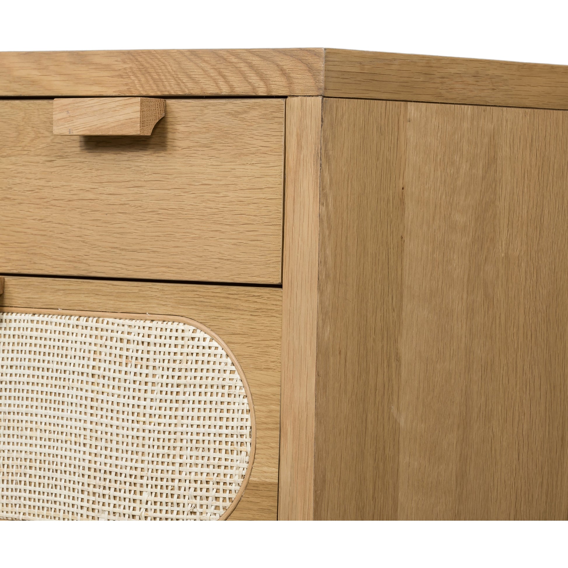 Allegra 8 Drawer Dresser by Four Hands in light natural cane, honey oak veneer. Made from cane, oak veneer in a rustic style.