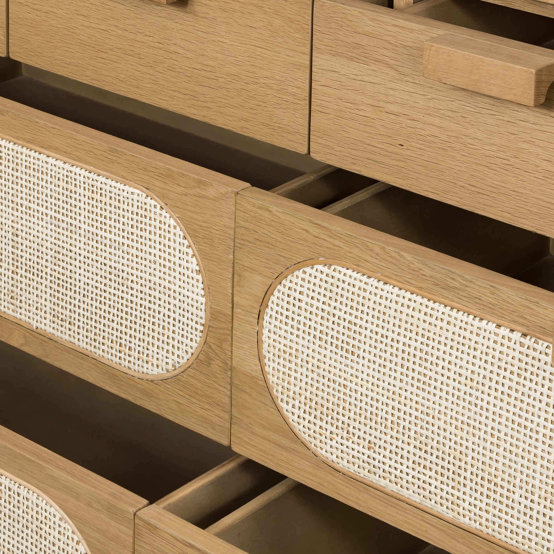 Allegra 8 Drawer Dresser by Four Hands in light natural cane, honey oak veneer. Made from cane, oak veneer in a rustic style.