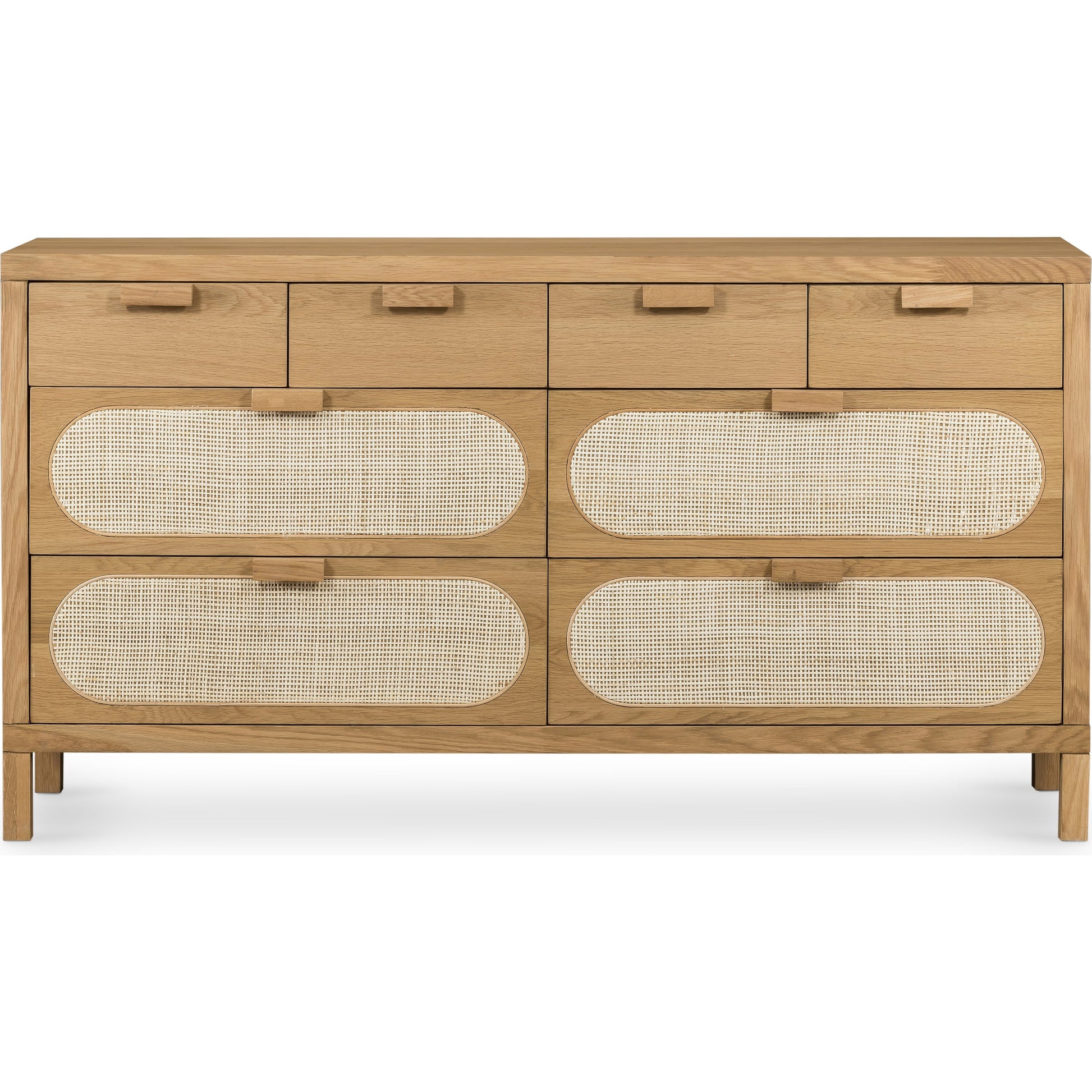 Allegra 8 Drawer Dresser by Four Hands in light natural cane, honey oak veneer. Made from cane, oak veneer in a rustic style.