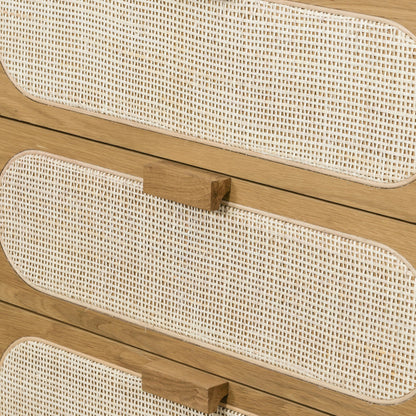 Allegra 5 Drawer Dresser by Four Hands in honey oak veneer, light natural cane, honey oak and honey oak. Made from oak veneer, cane, solid oak in a rustic style.