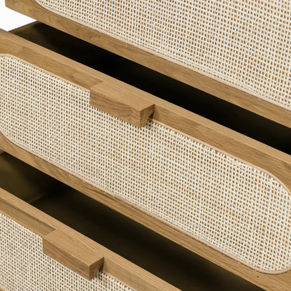 Allegra 5 Drawer Dresser by Four Hands in honey oak veneer, light natural cane, honey oak and honey oak. Made from oak veneer, cane, solid oak in a rustic style.