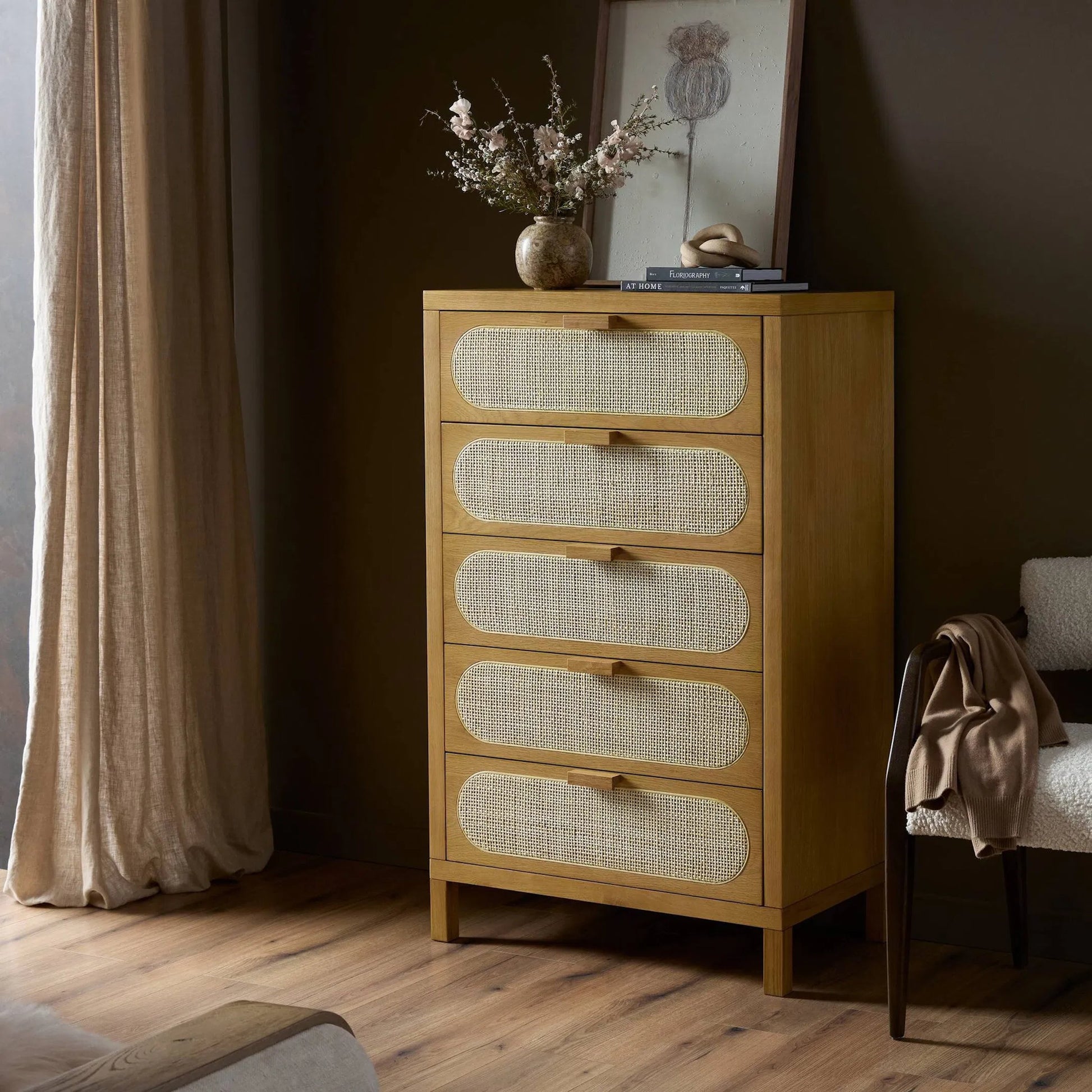 Allegra 5 Drawer Dresser by Four Hands in honey oak veneer, light natural cane, honey oak and honey oak. Made from oak veneer, cane, solid oak in a rustic style.