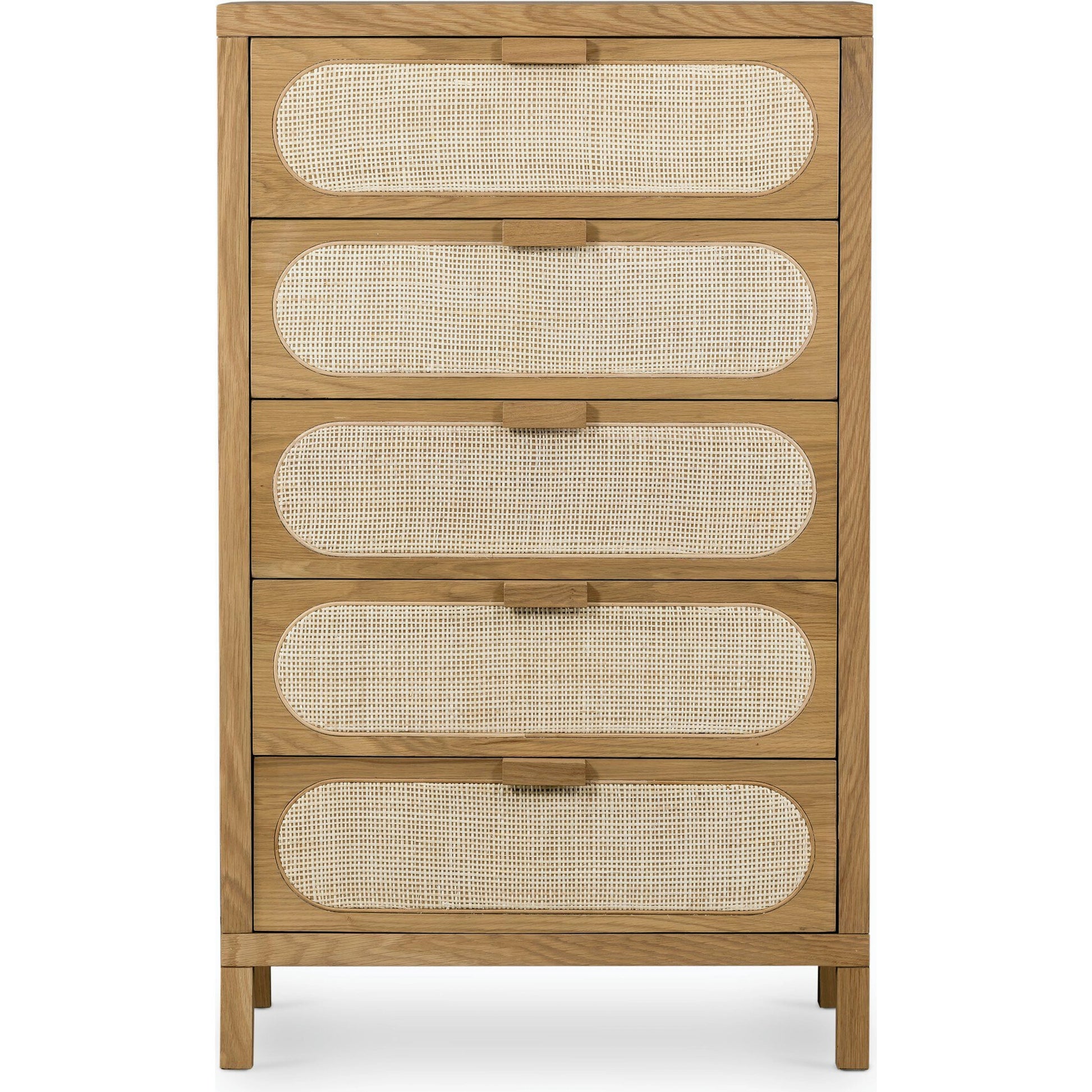 Allegra 5 Drawer Dresser by Four Hands in honey oak veneer, light natural cane, honey oak and honey oak. Made from oak veneer, cane, solid oak in a rustic style.