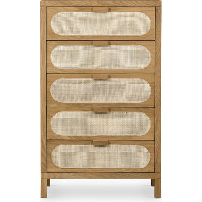 Allegra 5 Drawer Dresser by Four Hands in honey oak veneer, light natural cane, honey oak and honey oak. Made from oak veneer, cane, solid oak in a rustic style.