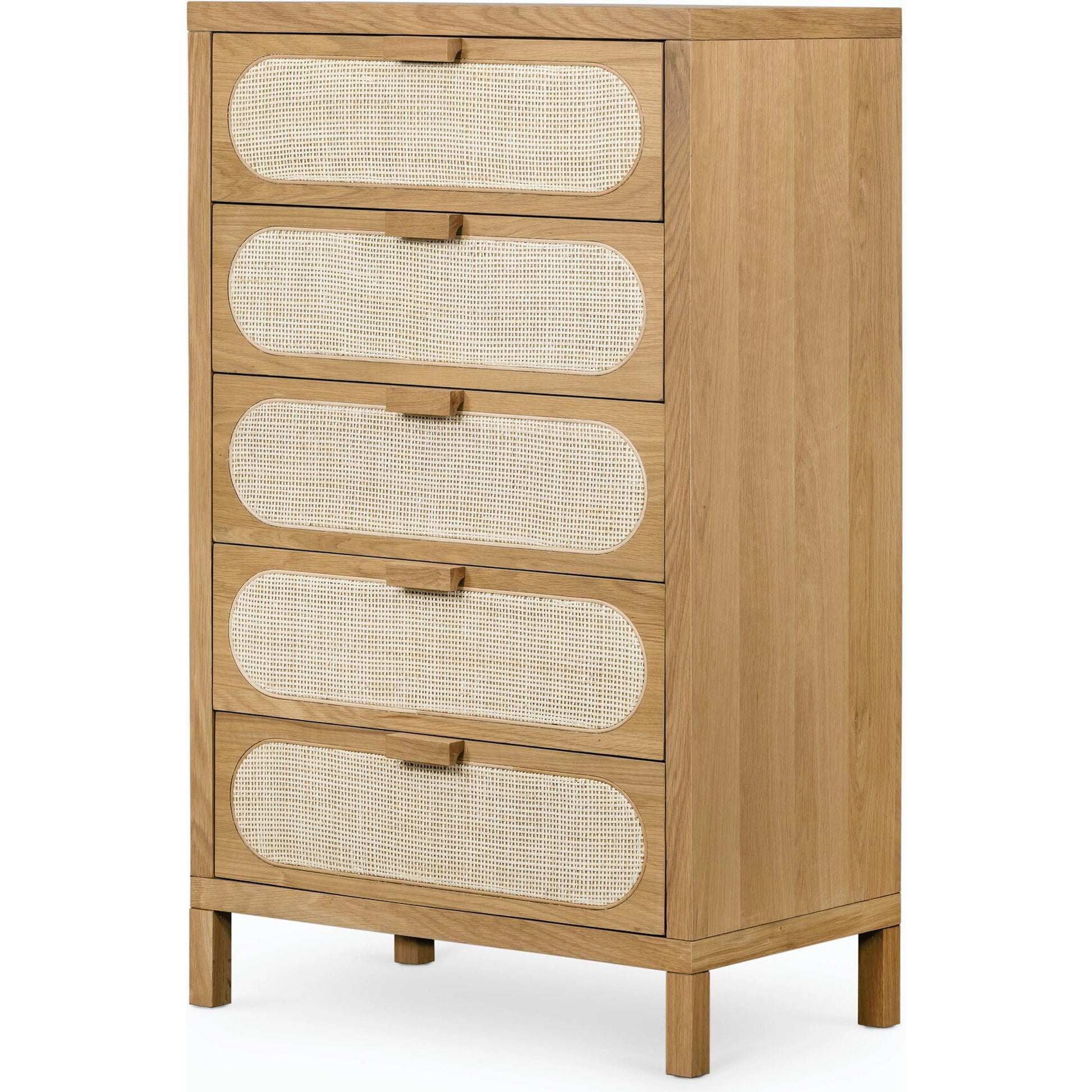 Allegra 5 Drawer Dresser by Four Hands in honey oak veneer, light natural cane, honey oak and honey oak. Made from oak veneer, cane, solid oak in a rustic style.