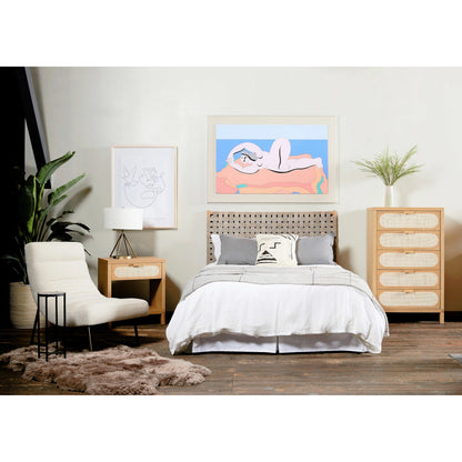 Allegra 5 Drawer Dresser by Four Hands in honey oak veneer, light natural cane, honey oak and honey oak. Made from oak veneer, cane, solid oak in a rustic style.