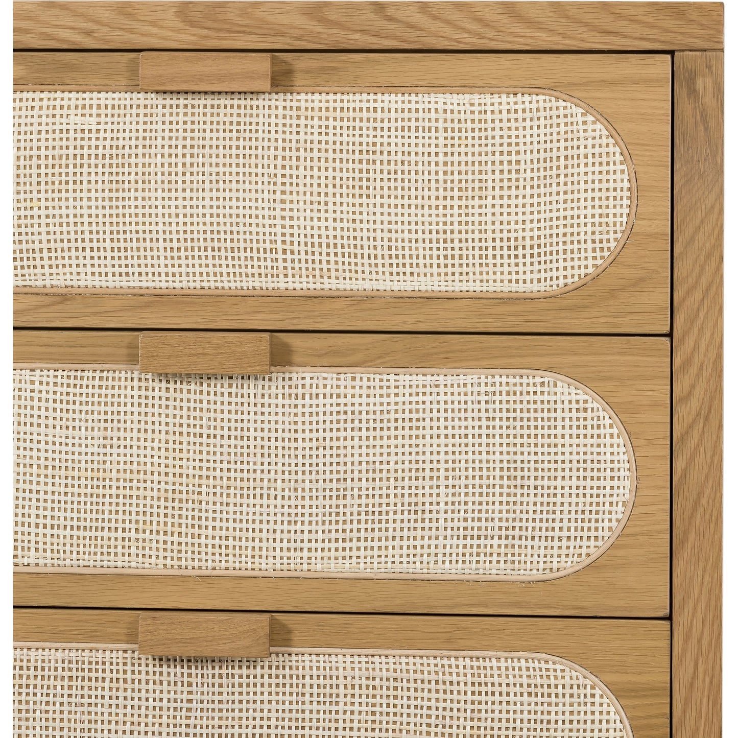 004 SI-1714145 | Closeup | Allegra 5 Drawer Dresser by Four Hands in honey oak veneer, light natural cane, honey oak and honey oak. Made from oak veneer, cane, solid oak in a rustic style.
