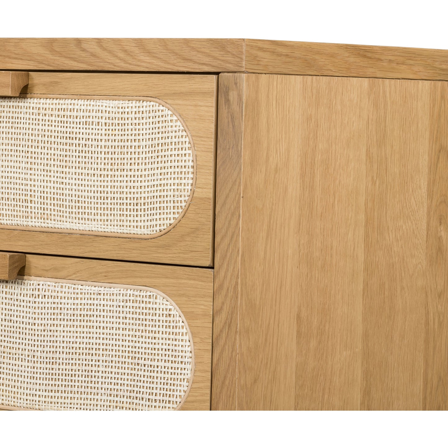005 SI-1714145 | Closeup | Allegra 5 Drawer Dresser by Four Hands in honey oak veneer, light natural cane, honey oak and honey oak. Made from oak veneer, cane, solid oak in a rustic style.