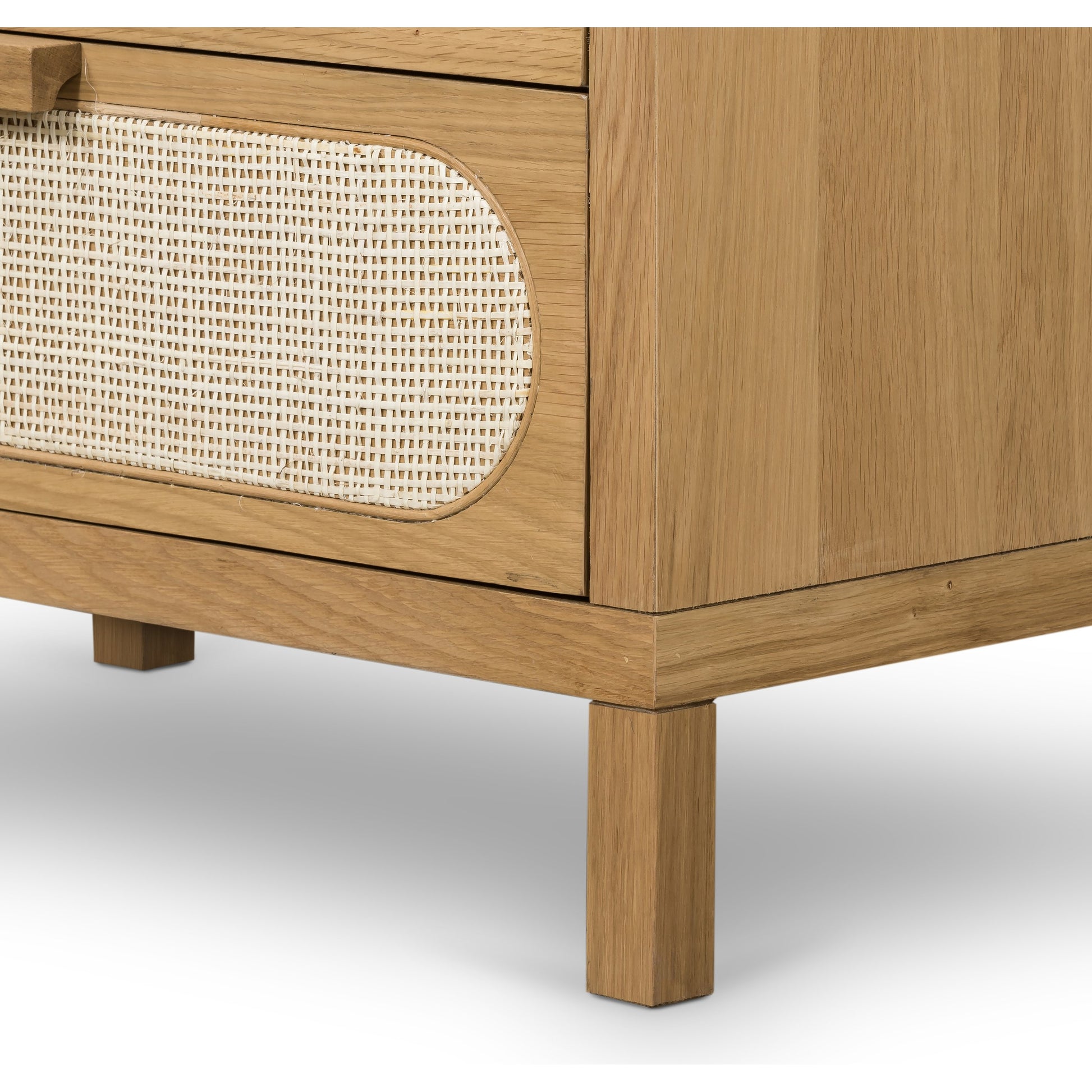 Allegra 5 Drawer Dresser by Four Hands in honey oak veneer, light natural cane, honey oak and honey oak. Made from oak veneer, cane, solid oak in a rustic style.