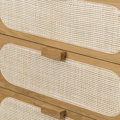 Allegra 5 Drawer Dresser by Four Hands in honey oak veneer, light natural cane, honey oak and honey oak. Made from oak veneer, cane, solid oak in a rustic style.