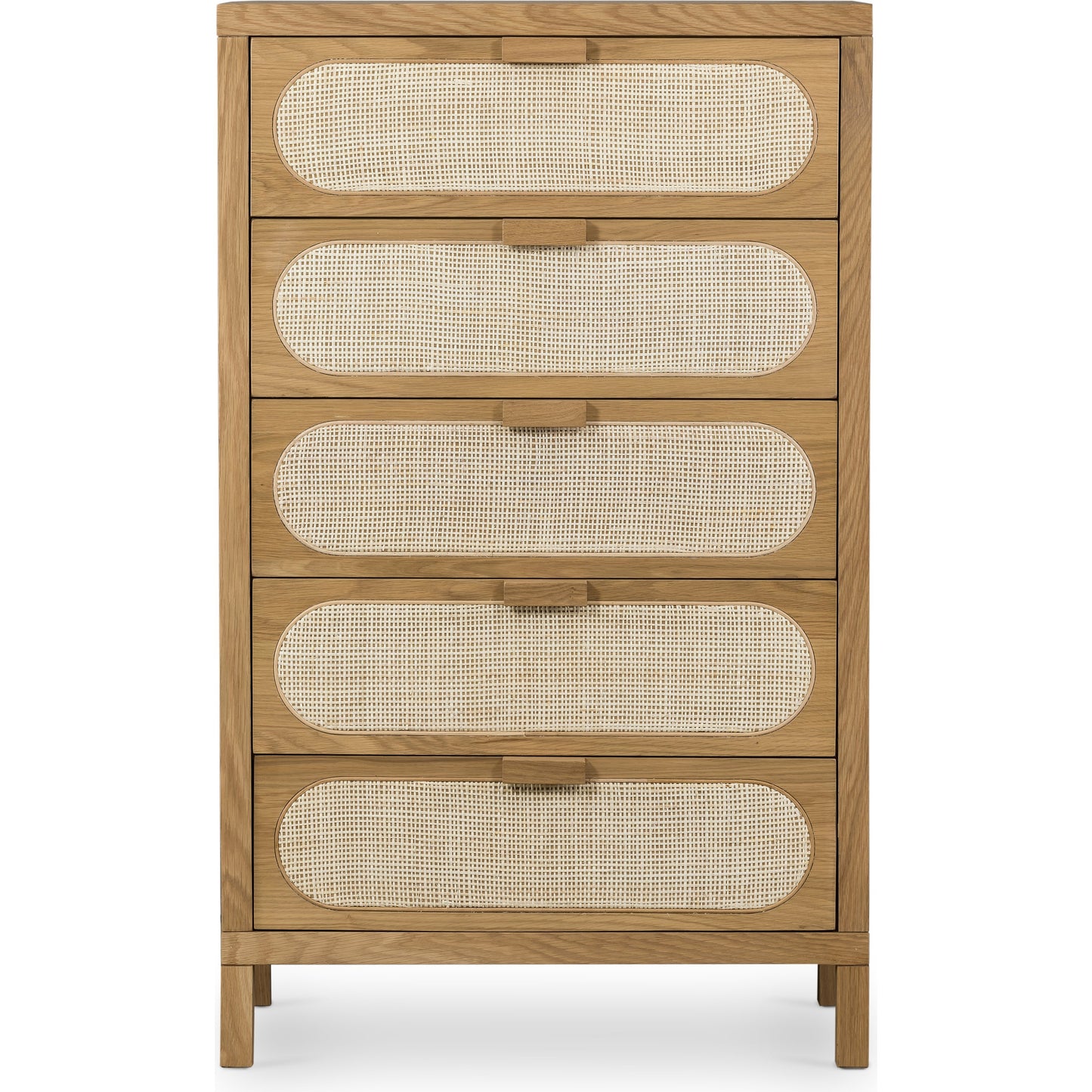002 SI-1714145 | Additional Silo | Allegra 5 Drawer Dresser by Four Hands in honey oak veneer, light natural cane, honey oak and honey oak. Made from oak veneer, cane, solid oak in a rustic style.