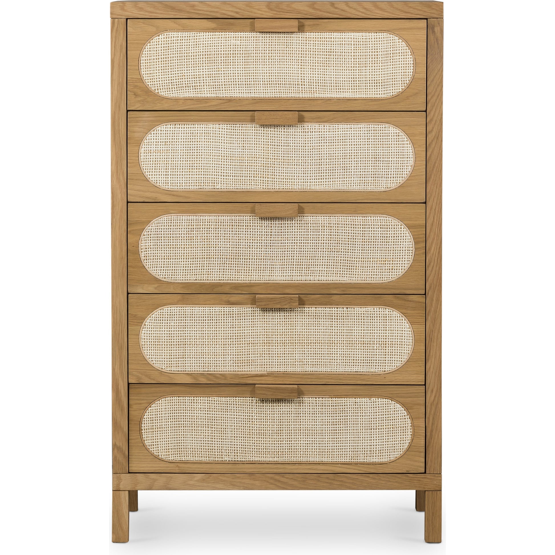 Allegra 5 Drawer Dresser by Four Hands in honey oak veneer, light natural cane, honey oak and honey oak. Made from oak veneer, cane, solid oak in a rustic style.