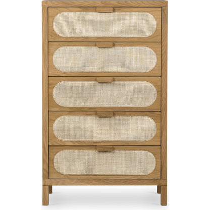 Allegra 5 Drawer Dresser by Four Hands in honey oak veneer, light natural cane, honey oak and honey oak. Made from oak veneer, cane, solid oak in a rustic style.