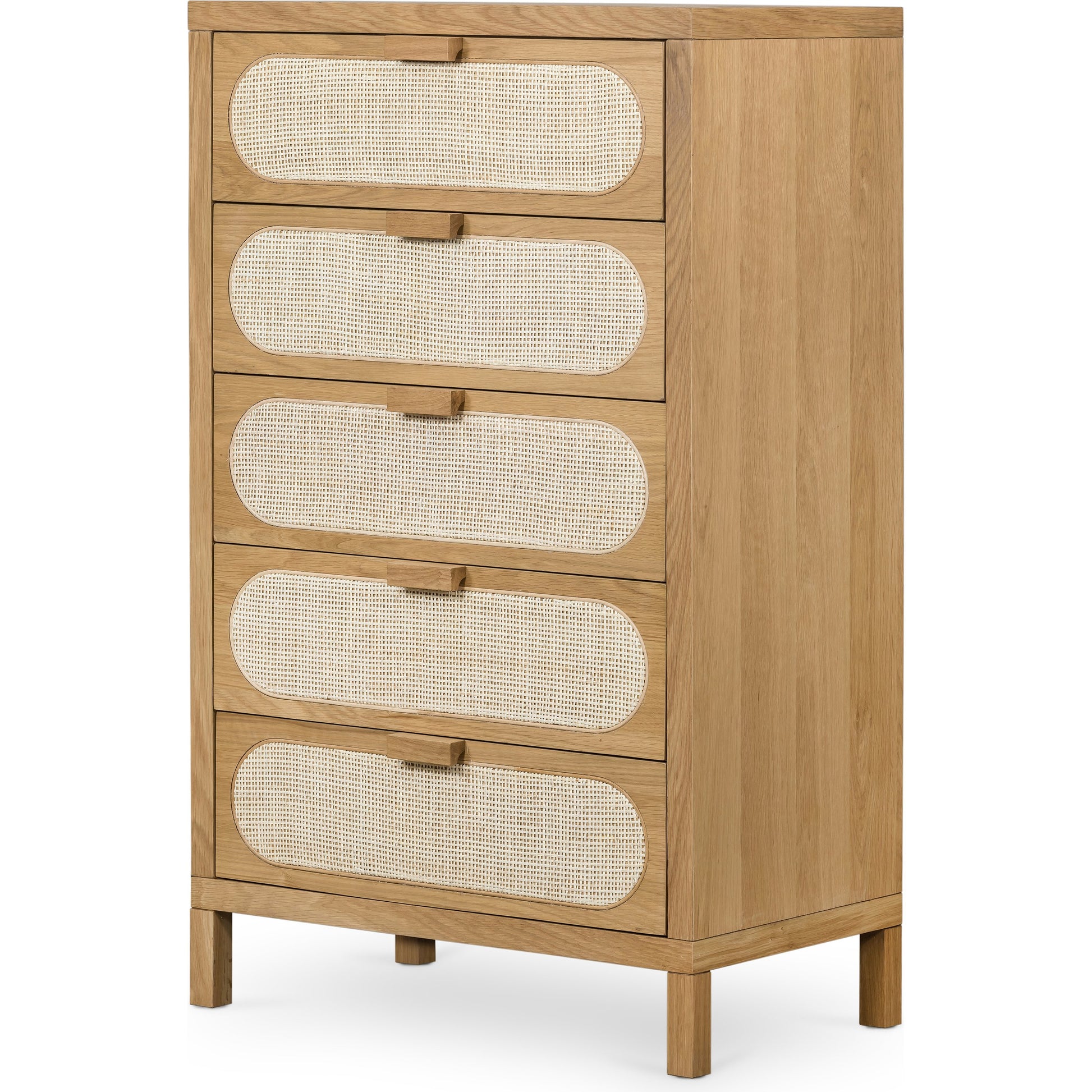 Allegra 5 Drawer Dresser by Four Hands in honey oak veneer, light natural cane, honey oak and honey oak. Made from oak veneer, cane, solid oak in a rustic style.