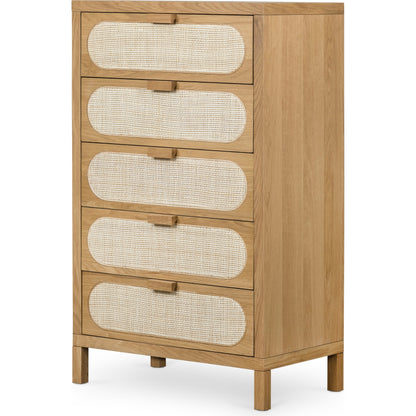 Allegra 5 Drawer Dresser by Four Hands in honey oak veneer, light natural cane, honey oak and honey oak. Made from oak veneer, cane, solid oak in a rustic style.