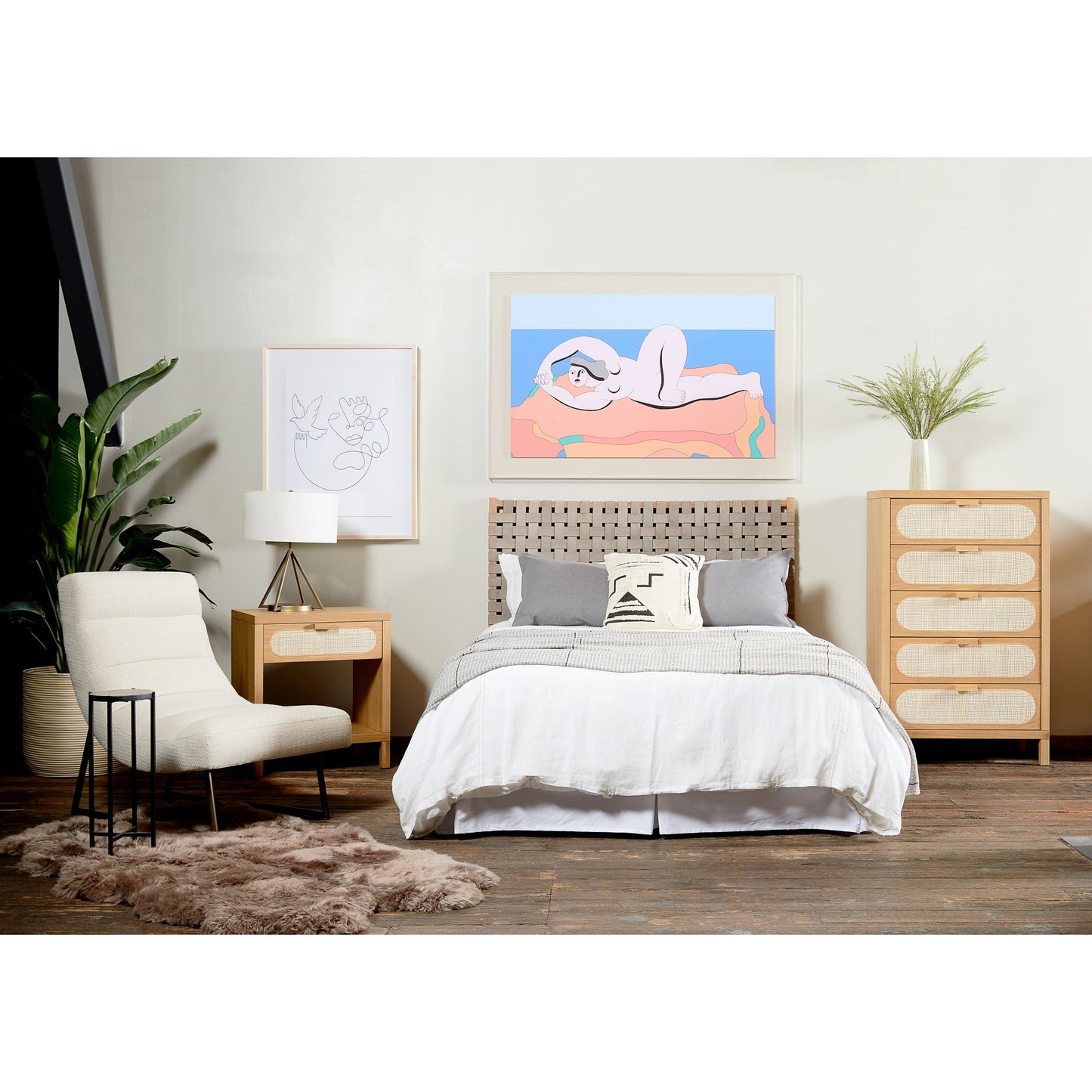 010 SI-1714145 | Lifestyle | Allegra 5 Drawer Dresser by Four Hands in honey oak veneer, light natural cane, honey oak and honey oak. Made from oak veneer, cane, solid oak in a rustic style.