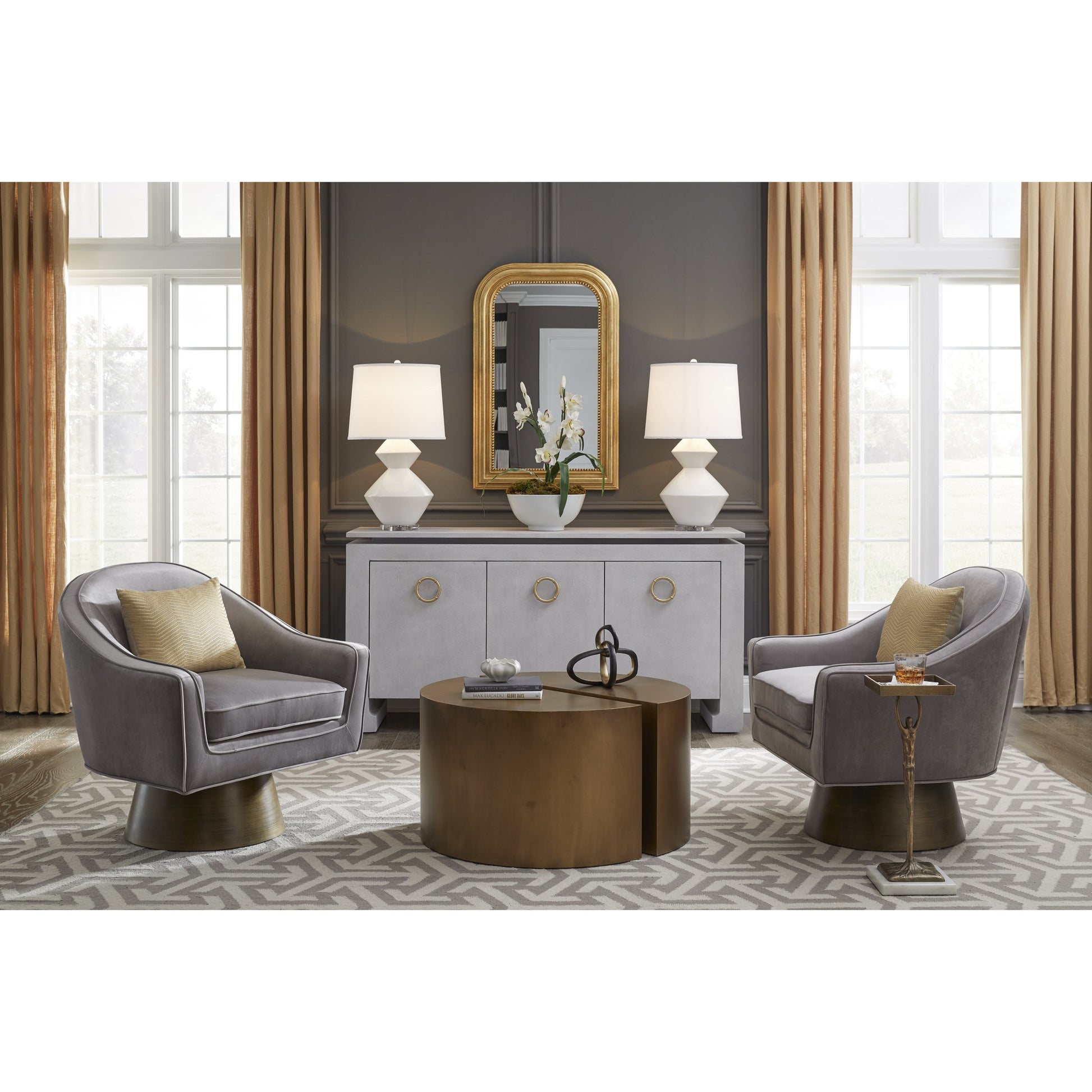 Dominic Swivel Chair by Worlds Away in camel and bronze. Made from metal, plywood, mdf, foam, fabric in a modern style.