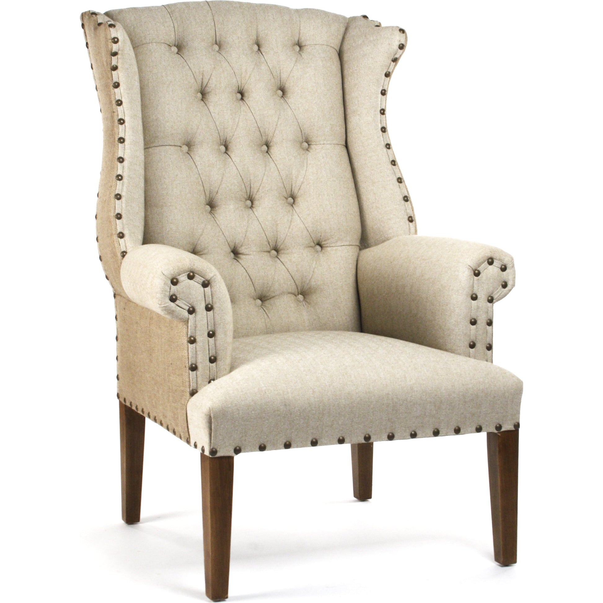 Tufted Wing Chair by Zentique in antique natural linen, burlap and hardwood maple. Made from hardwood maple in a traditional style.