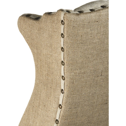 Tufted Wing Chair by Zentique in antique natural linen, burlap and hardwood maple. Made from hardwood maple in a traditional style.