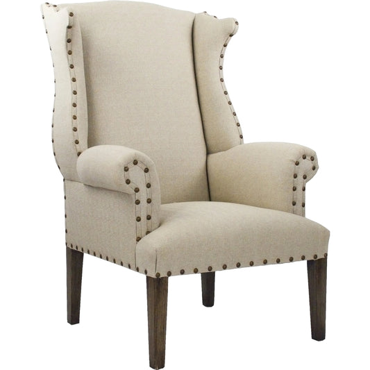 Wing Back Chair by Zentique in antique natural linen and hardwood maple. Made from hardwood maple in a traditional style.