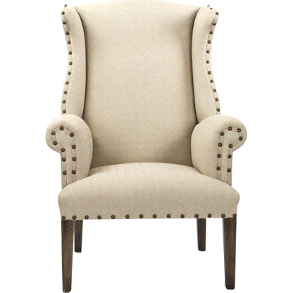 Wing Back Chair by Zentique in antique natural linen and hardwood maple. Made from hardwood maple in a traditional style.