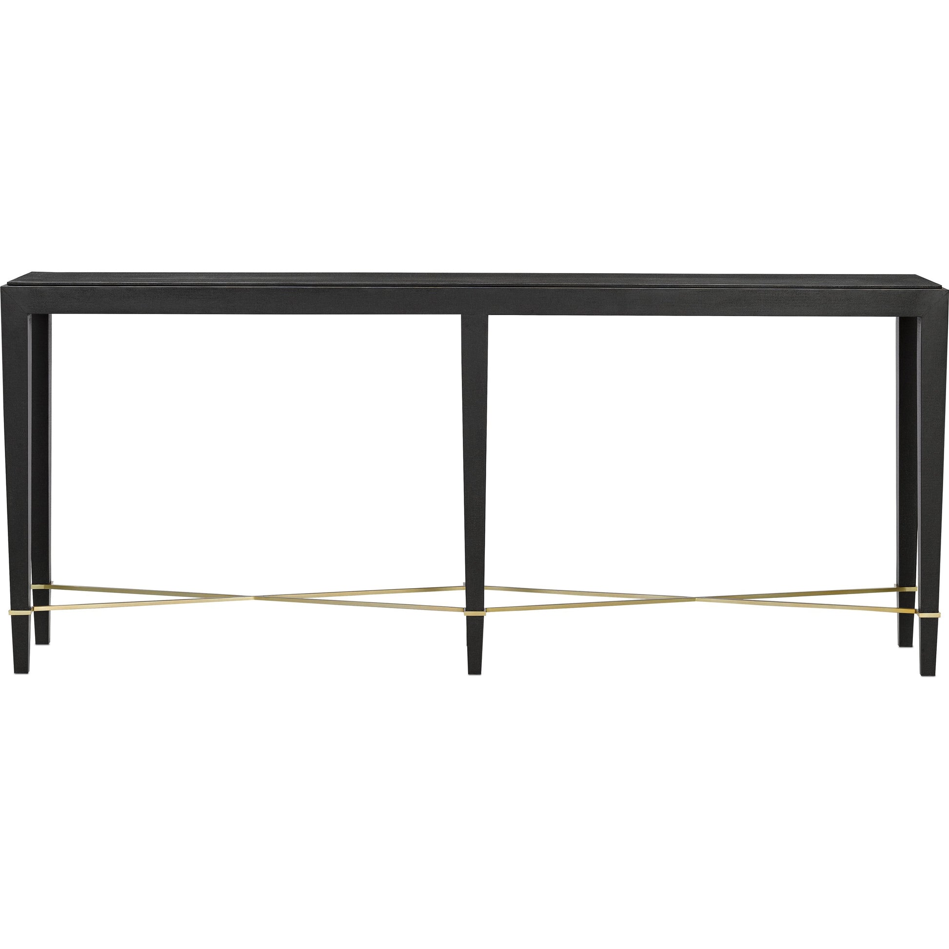 Verona Console Table by Currey and Company in black lacquered linen, champagne metal. Made from black lacquered linen, solid wood, engineered wood, metal in a modern style.