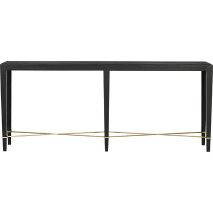 Verona Console Table by Currey and Company in black lacquered linen, champagne metal. Made from black lacquered linen, solid wood, engineered wood, metal in a modern style.