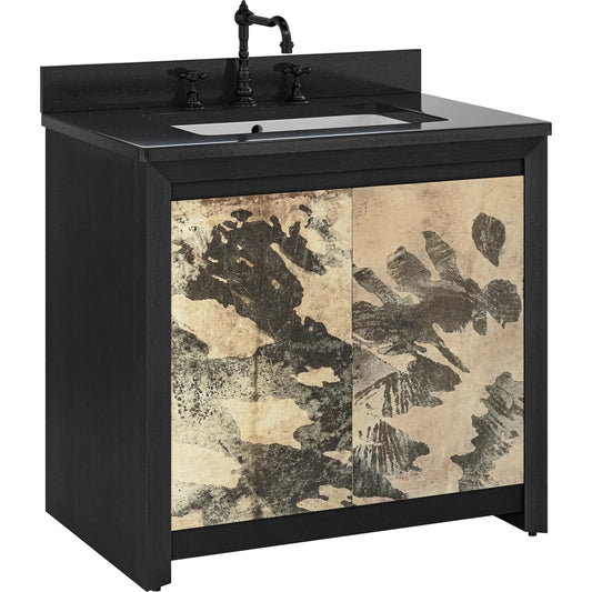 Karlson 36" Vanity with Undermount Sink by Currey and Company in stained vellum, caviar black, faux bone. Made from oak solids, veneer, leather vellum, granite, vitreous china in a unique style.