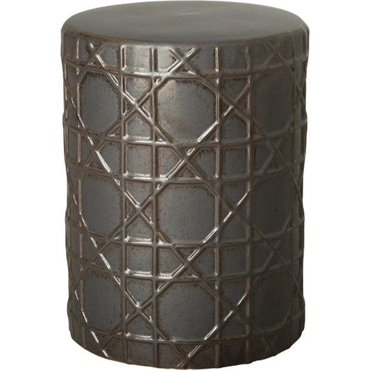 Cane Indoor/Outdoor Style Stool by Emissary in gunmetal and glossy glaze. Made from ceramic in a unique style.