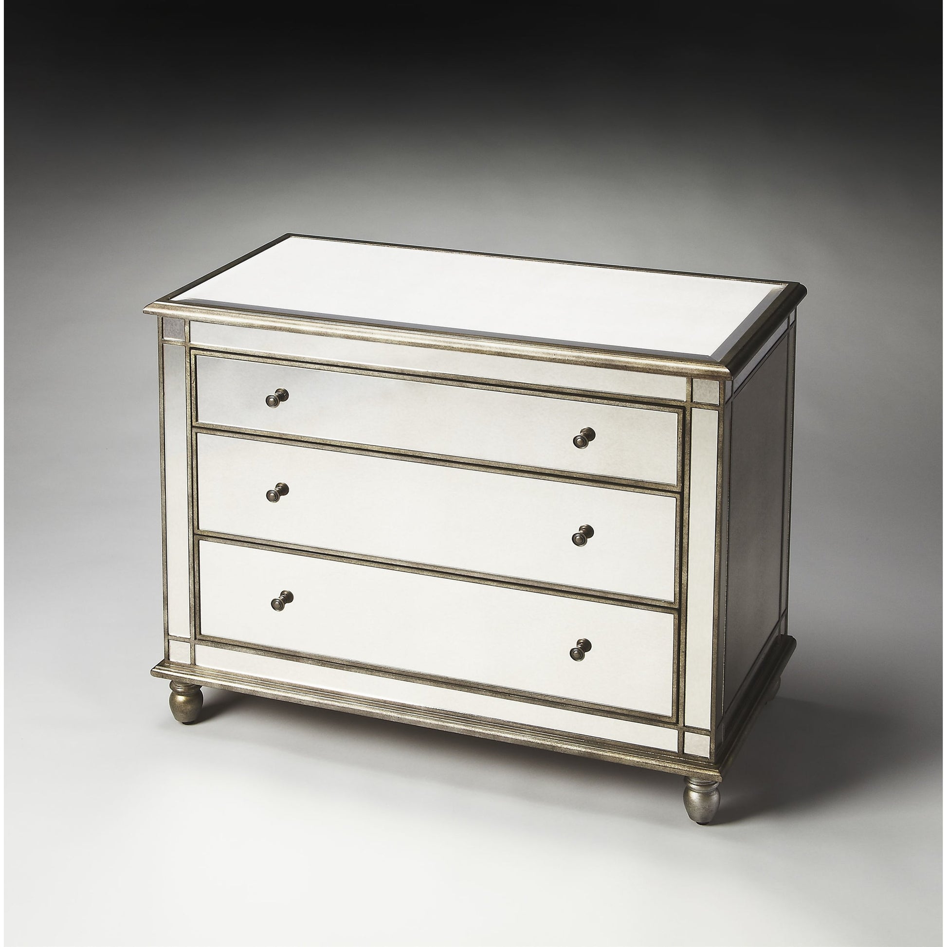 Laflin Mirrored Console Chest by Butler Specialty Company in silver and mirror. Made from poplar solids, mdf, mirrored glass in a transitional style.