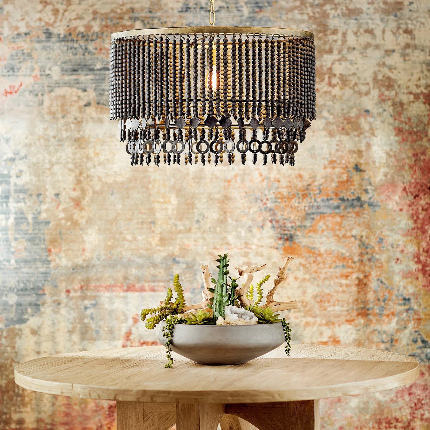 002 SI-1987063 | Lifestyle | Estrella III Round Pendant by Cyan Design in tinted raw iron. Made from iron, jute, wood in a modern style.