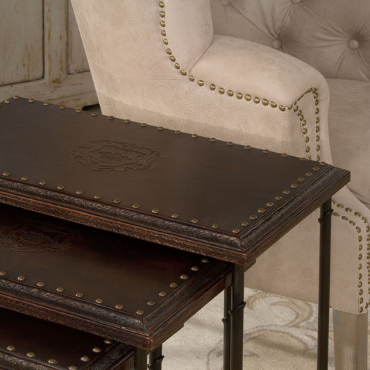 Noble Nesting Tables by Sarreid Ltd. in brown and rustic. Made from wood, leather, iron in a traditional style.