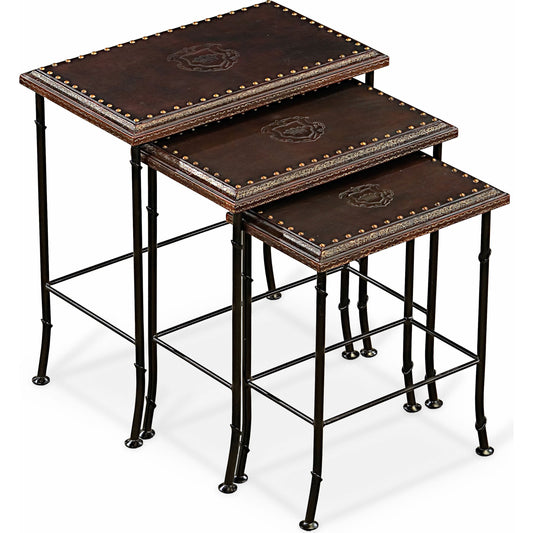 Noble Nesting Tables by Sarreid Ltd. in brown and rustic. Made from wood, leather, iron in a traditional style.