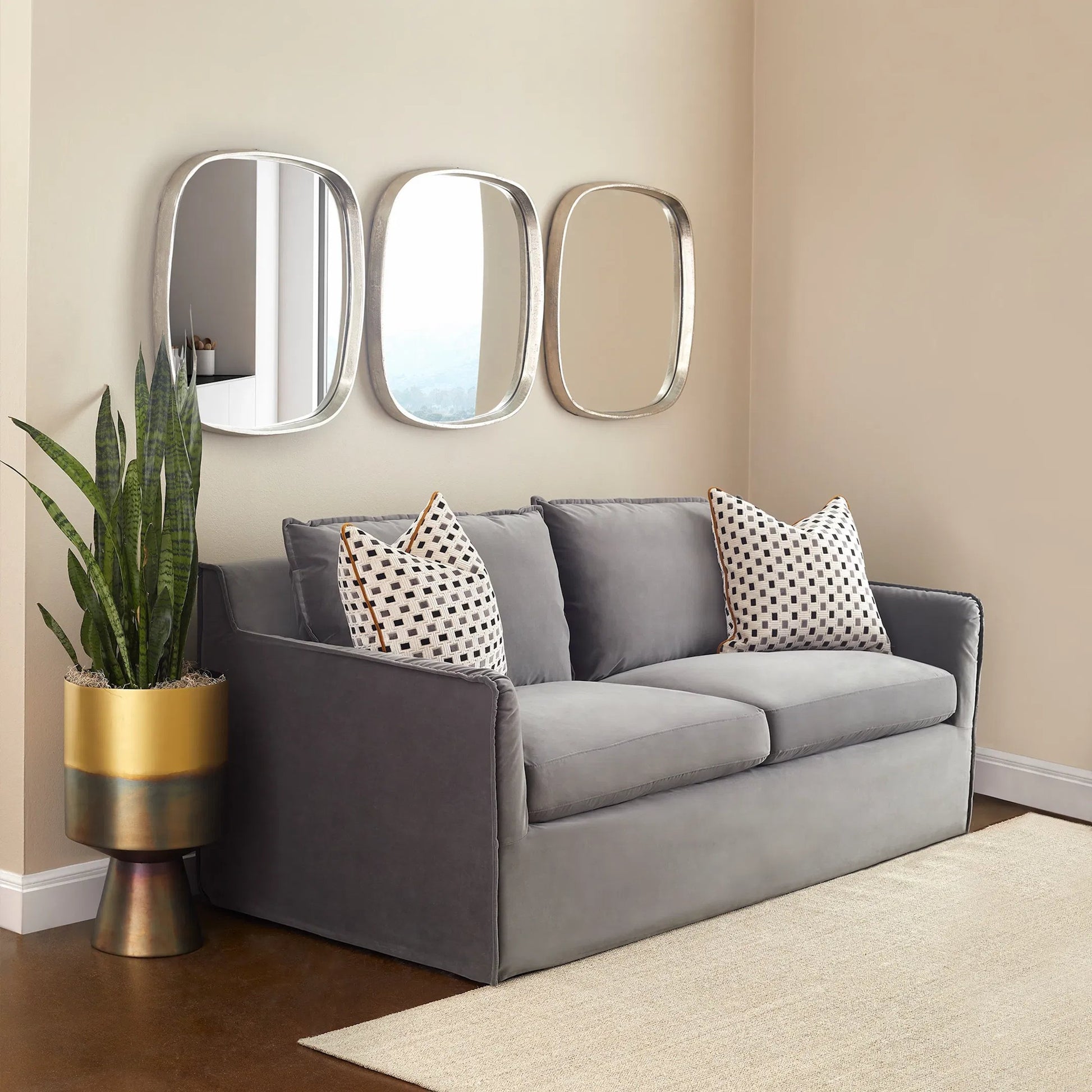 Sovente Sofa by Cyan Design in grey. Made from velvet in a modern style.