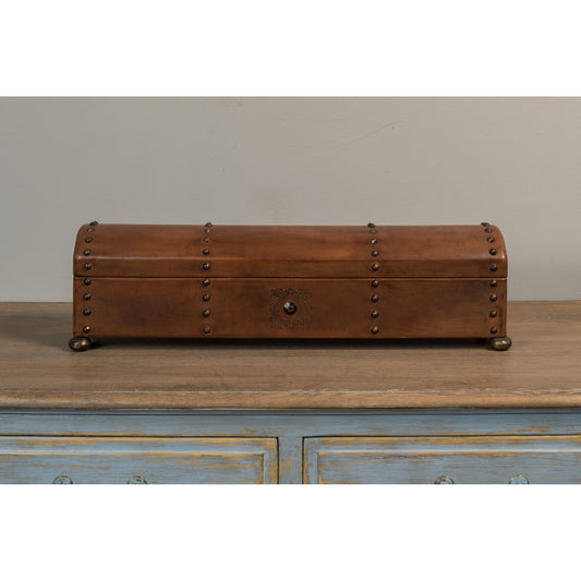 Telescope Leather Box by Sarreid Ltd. in brown and hinged lid w/paper lined interior. Made from wood, leather in a cottage & farmhouse style.