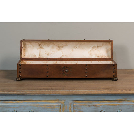 Telescope Leather Box by Sarreid Ltd. in brown and hinged lid w/paper lined interior. Made from wood, leather in a cottage & farmhouse style.