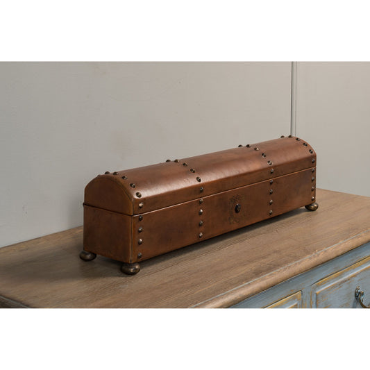 Telescope Leather Box by Sarreid Ltd. in brown and hinged lid w/paper lined interior. Made from wood, leather in a cottage & farmhouse style.